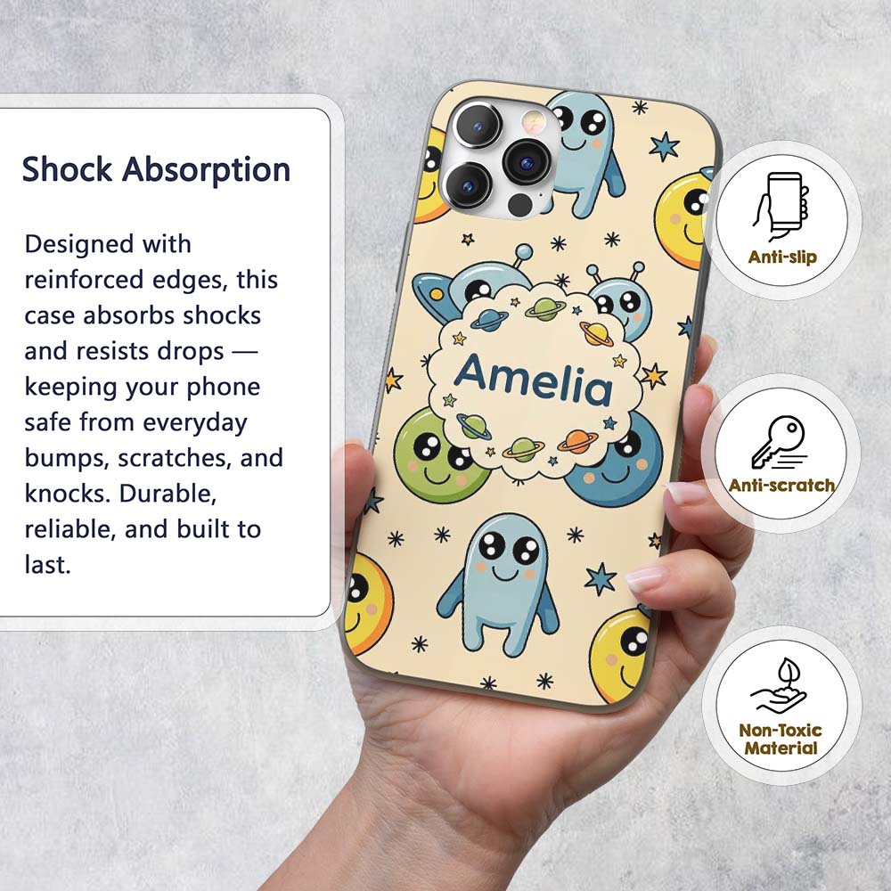 Cute Space Aliens Planets Stars Printed Design Custom Name Protective Phone Case Mobile Cover Durable Everyday Smartphone Shock Resistant