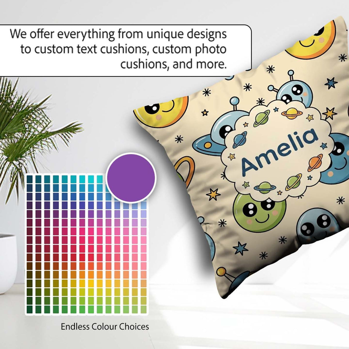 Custom Name Cute Space Aliens Planets Stars Fun Seamless Pattern Square Filled Cushion Throw Pillow Sofa Bed Home Decor Zip Washable UK Made