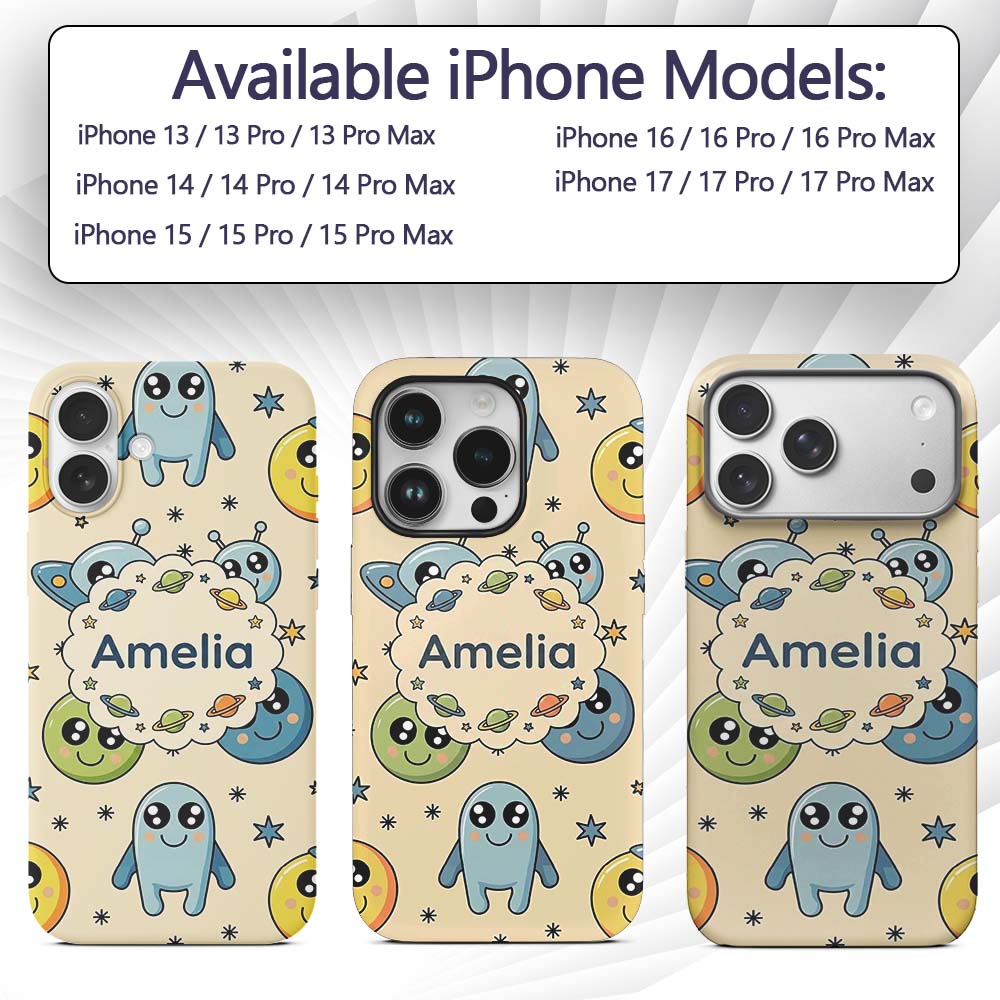 Cute Space Aliens Planets Stars Printed Design Custom Name Protective Phone Case Mobile Cover Durable Everyday Smartphone Shock Resistant