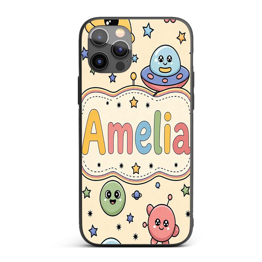 Cute Cartoon UFO Aliens Galaxy Printed Design Custom Name Protective Phone Case Mobile Cover Durable Everyday Smartphone Shock Resistant