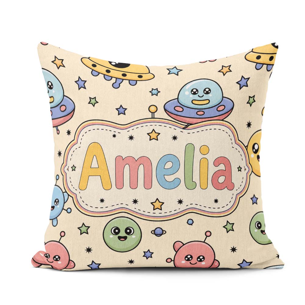 Custom Name Cute Cartoon UFO Aliens Stars Space Seamless Pattern Square Filled Cushion Throw Pillow Sofa Bed Home Decor Zip Washable UK Made