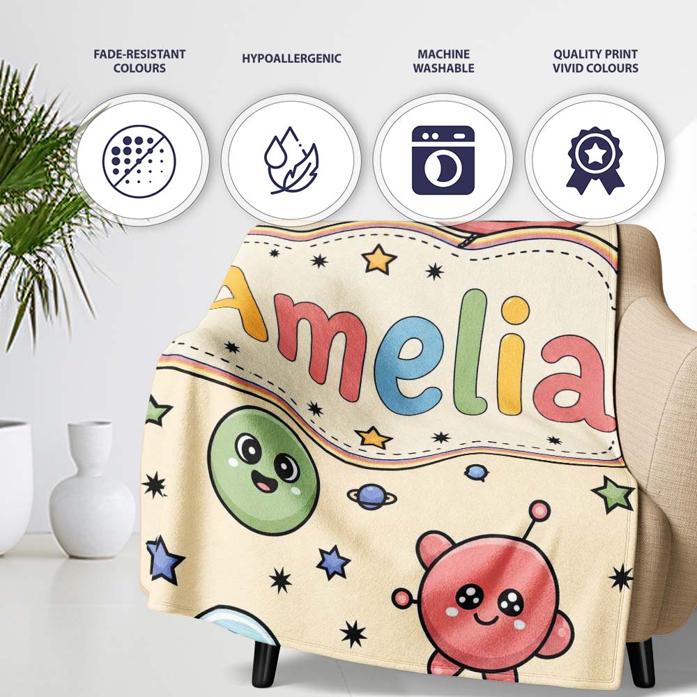 Cute Cartoon UFO Aliens Galaxy Stars Space Seamless Pattern Lovely Personalised Custom Name Super Soft Fleece Blanket Bed Sofa Throw