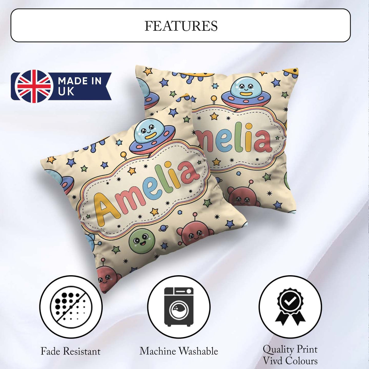 Custom Name Cute Cartoon UFO Aliens Stars Space Seamless Pattern Square Filled Cushion Throw Pillow Sofa Bed Home Decor Zip Washable UK Made