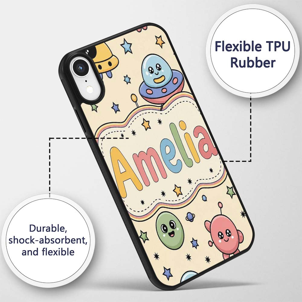 Cute Cartoon UFO Aliens Galaxy Printed Design Custom Name Protective Phone Case Mobile Cover Durable Everyday Smartphone Shock Resistant