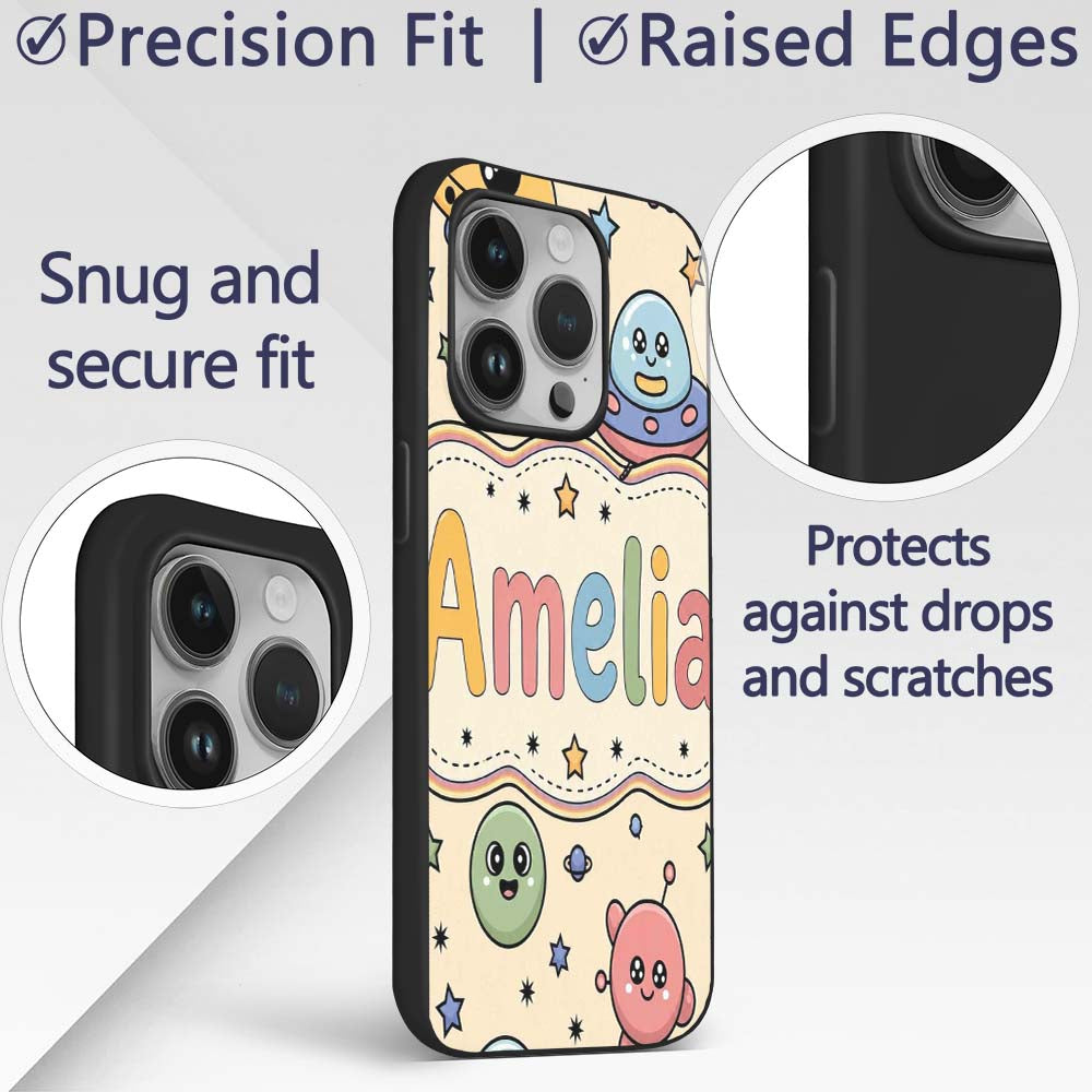 Cute Cartoon UFO Aliens Galaxy Printed Design Custom Name Protective Phone Case Mobile Cover Durable Everyday Smartphone Shock Resistant