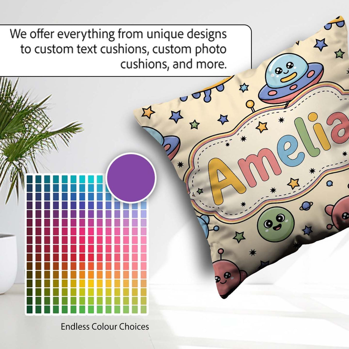 Custom Name Cute Cartoon UFO Aliens Stars Space Seamless Pattern Square Filled Cushion Throw Pillow Sofa Bed Home Decor Zip Washable UK Made
