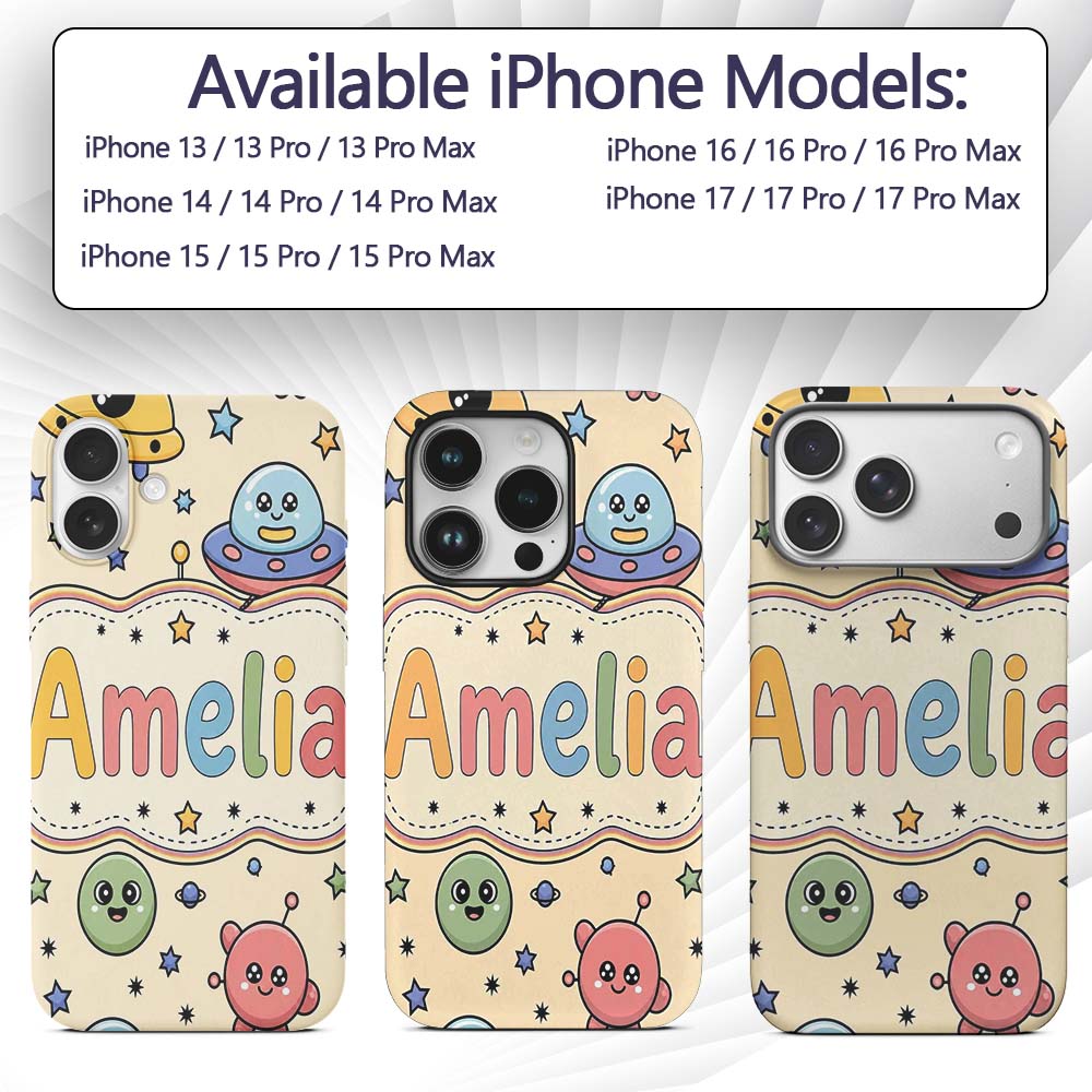 Cute Cartoon UFO Aliens Galaxy Printed Design Custom Name Protective Phone Case Mobile Cover Durable Everyday Smartphone Shock Resistant