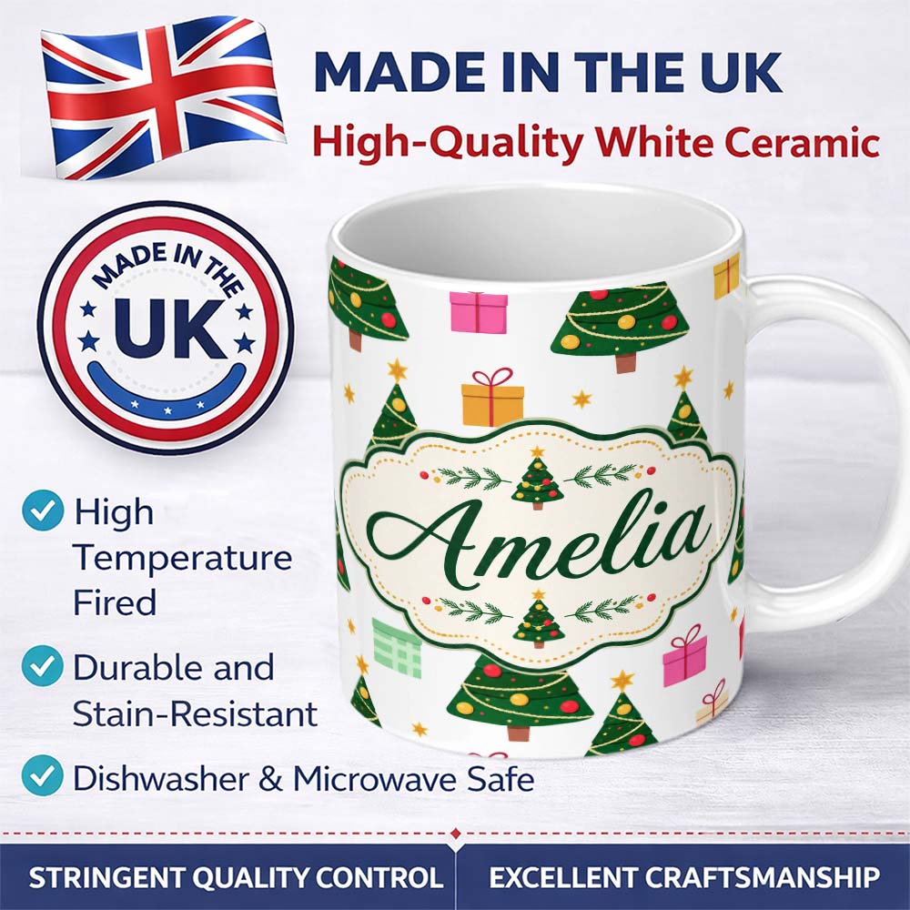 Personalized Custom Name Festive Christmas Trees Gifts Holiday Seamless Pattern Lovely 11oz Ceramic Coffee Tea Mug White Large Handle