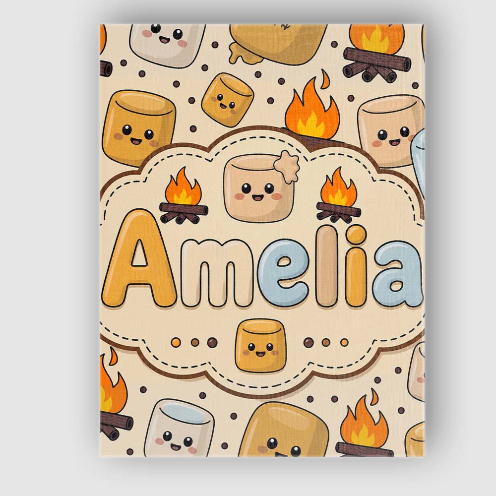 Personalised Name Cute Marshmallows Campfire Custom Bespoke Contemporary Display Canvas Wall Art Print Decor Picture Ready to Hang