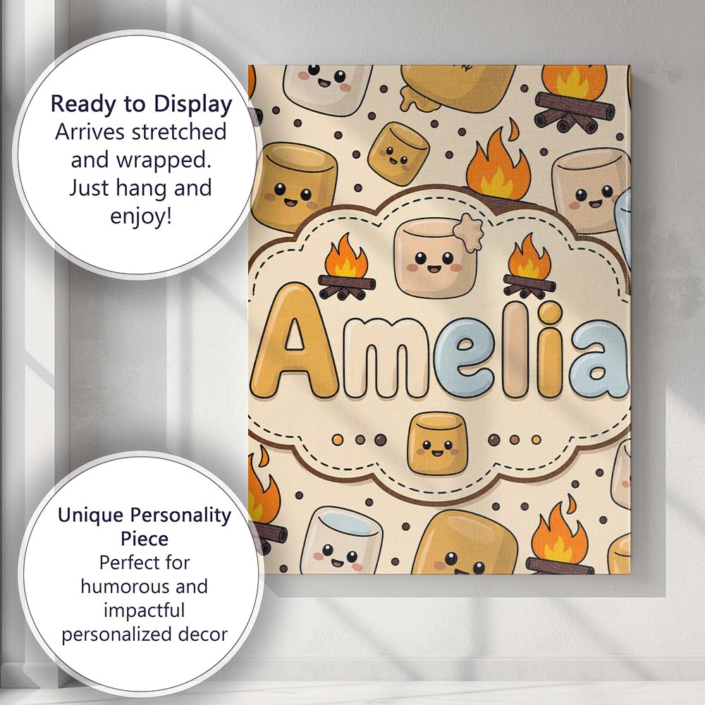 Personalised Name Cute Marshmallows Campfire Custom Bespoke Contemporary Display Canvas Wall Art Print Decor Picture Ready to Hang