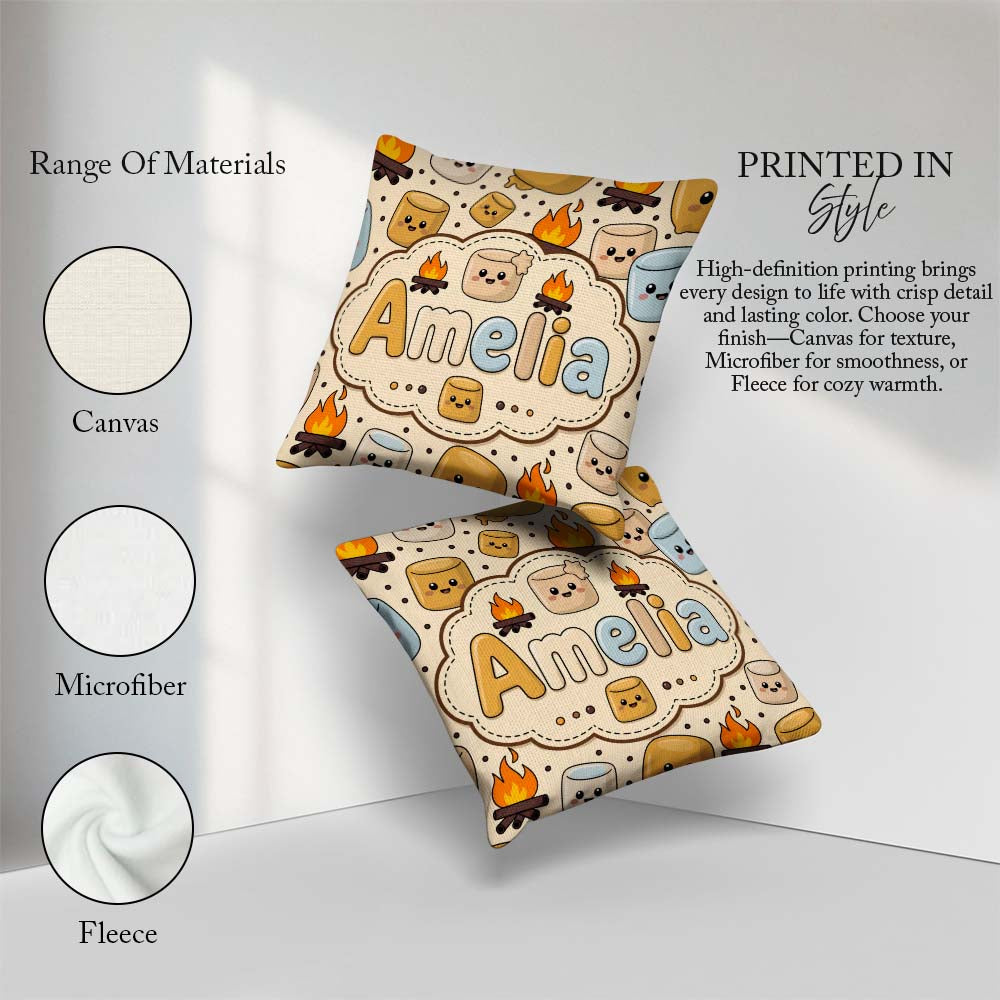 Custom Name Cute Campfire Smores Sweet Treat Seamless Pattern Square Filled Cushion Throw Pillow Sofa Bed Home Decor Zip Washable UK Made