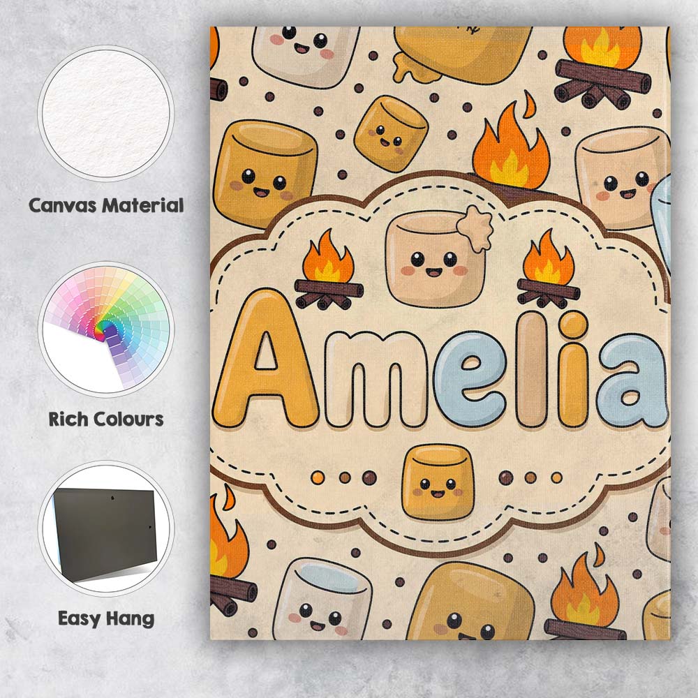 Personalised Name Cute Marshmallows Campfire Custom Bespoke Contemporary Display Canvas Wall Art Print Decor Picture Ready to Hang