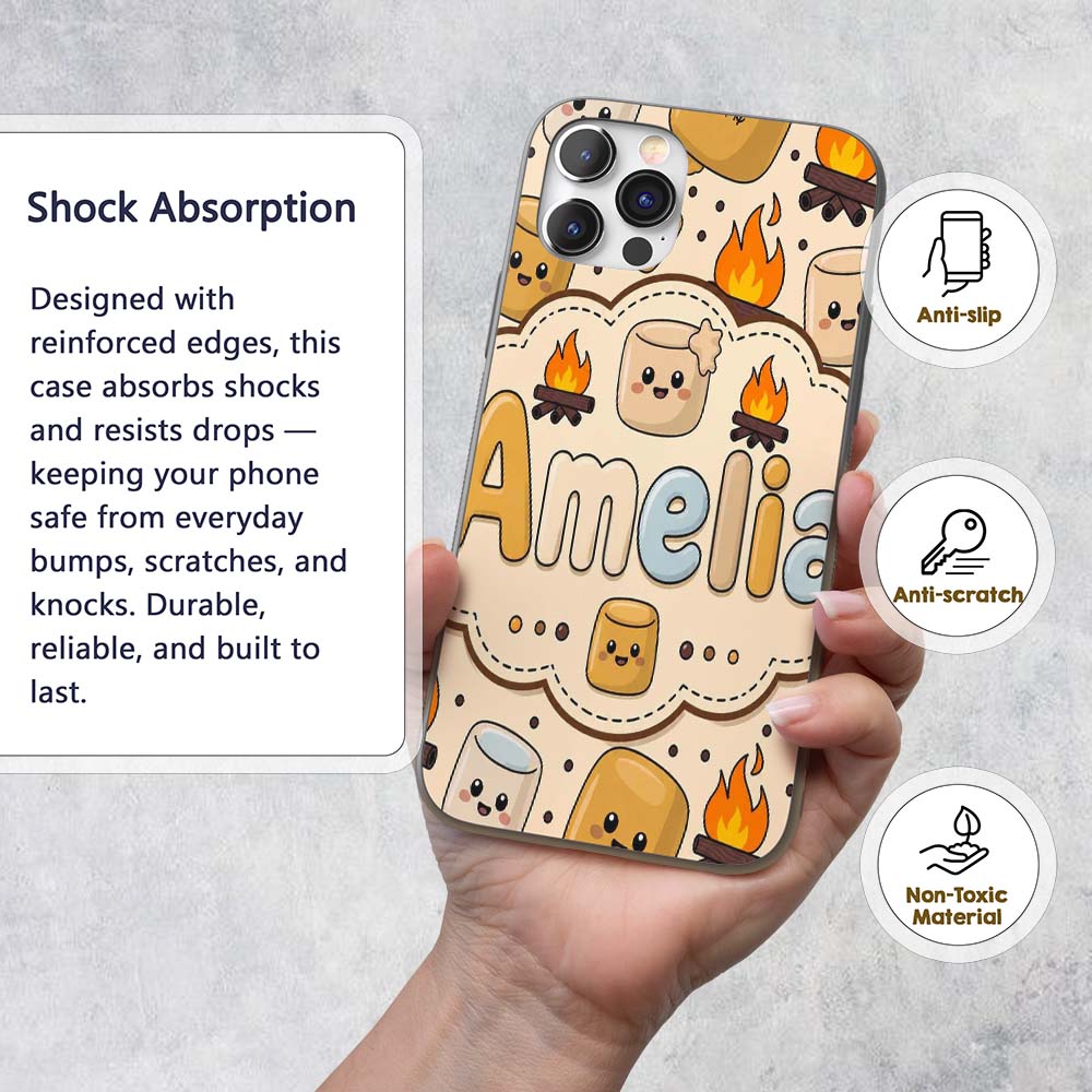 Cute Marshmallows Campfire Smores Sweet Treat Custom Name Protective Phone Case Mobile Cover Durable Everyday Smartphone Shock Resistant