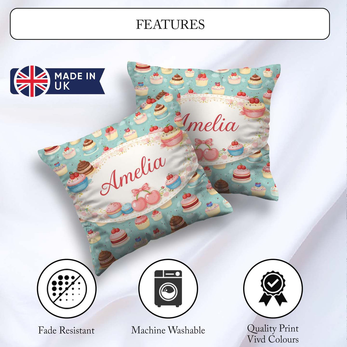 Custom Name Cake Tile Seamless Pattern Pastel Dessert Sweet Food Square Filled Cushion Throw Pillow Sofa Bed Home Decor Zip Washable UK Made