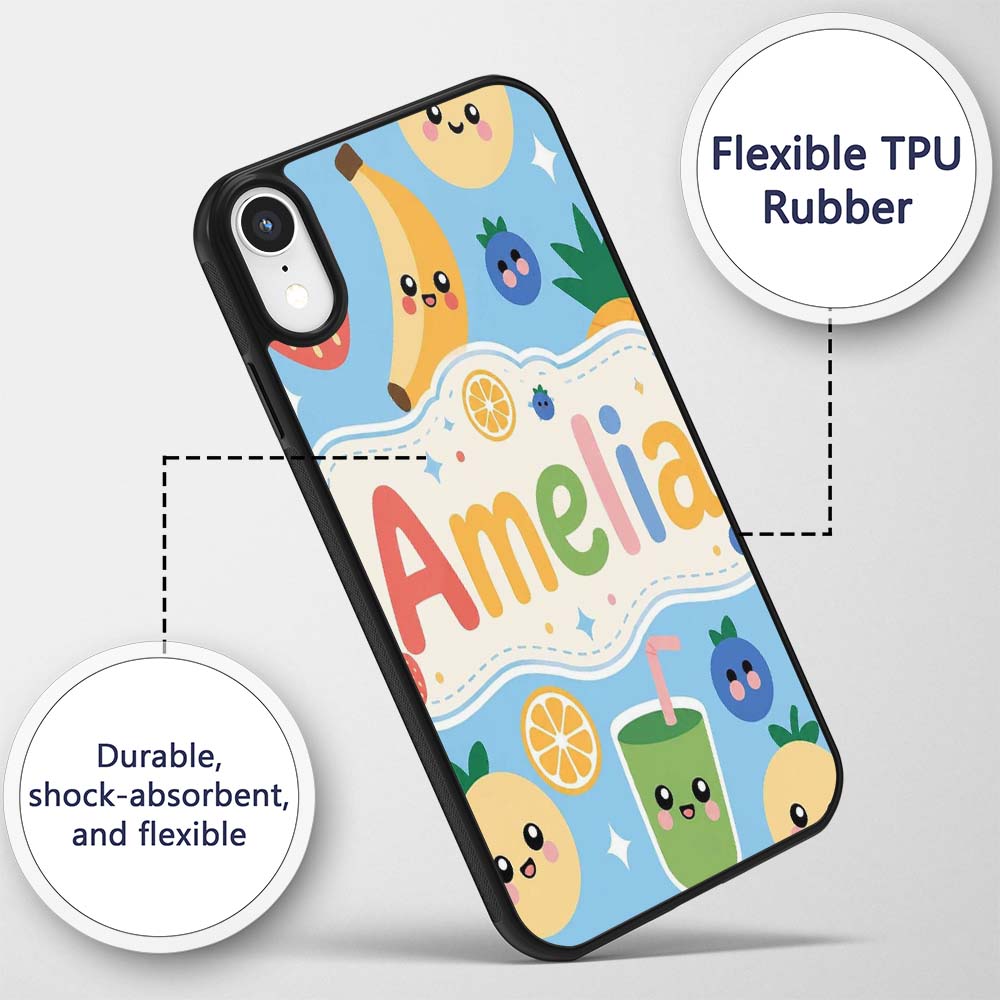 Cute Kawaii Fruits Smoothie Banana Strawberry Custom Name Protective Phone Case Mobile Cover Durable Everyday Smartphone Shock Resistant