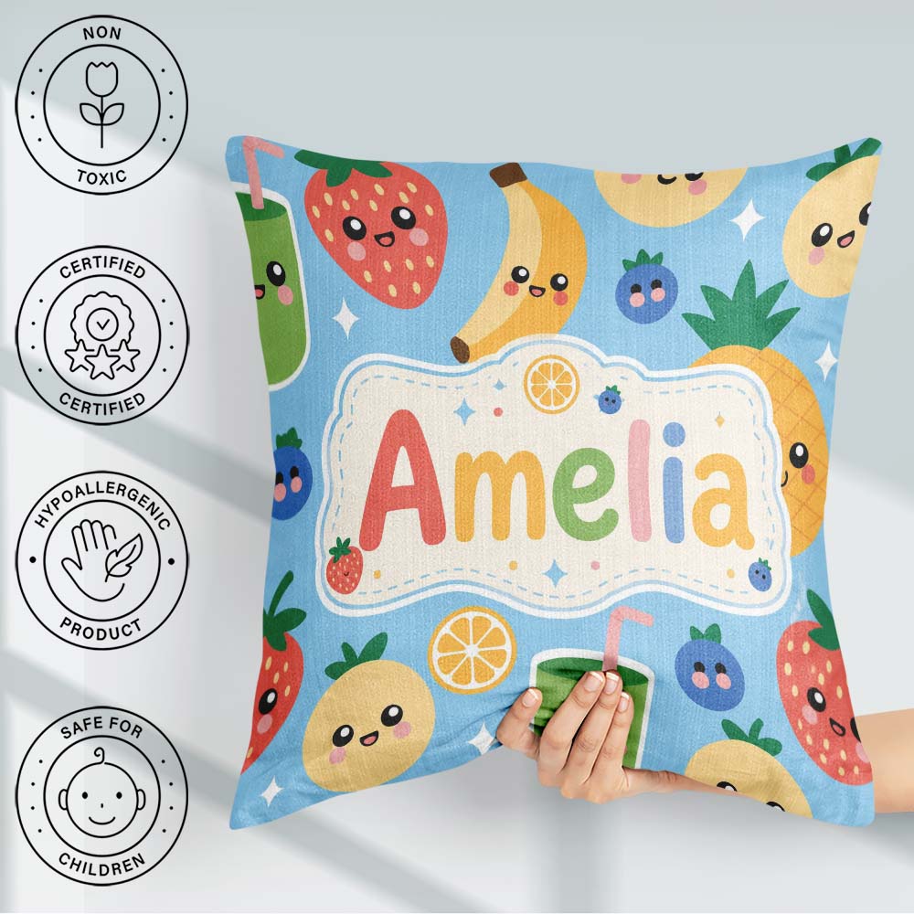 Custom Name Kawaii Fruits Smoothie Strawberry Pineapple Seamless Square Filled Cushion Throw Pillow Sofa Bed Home Decor Zip Washable UK Made