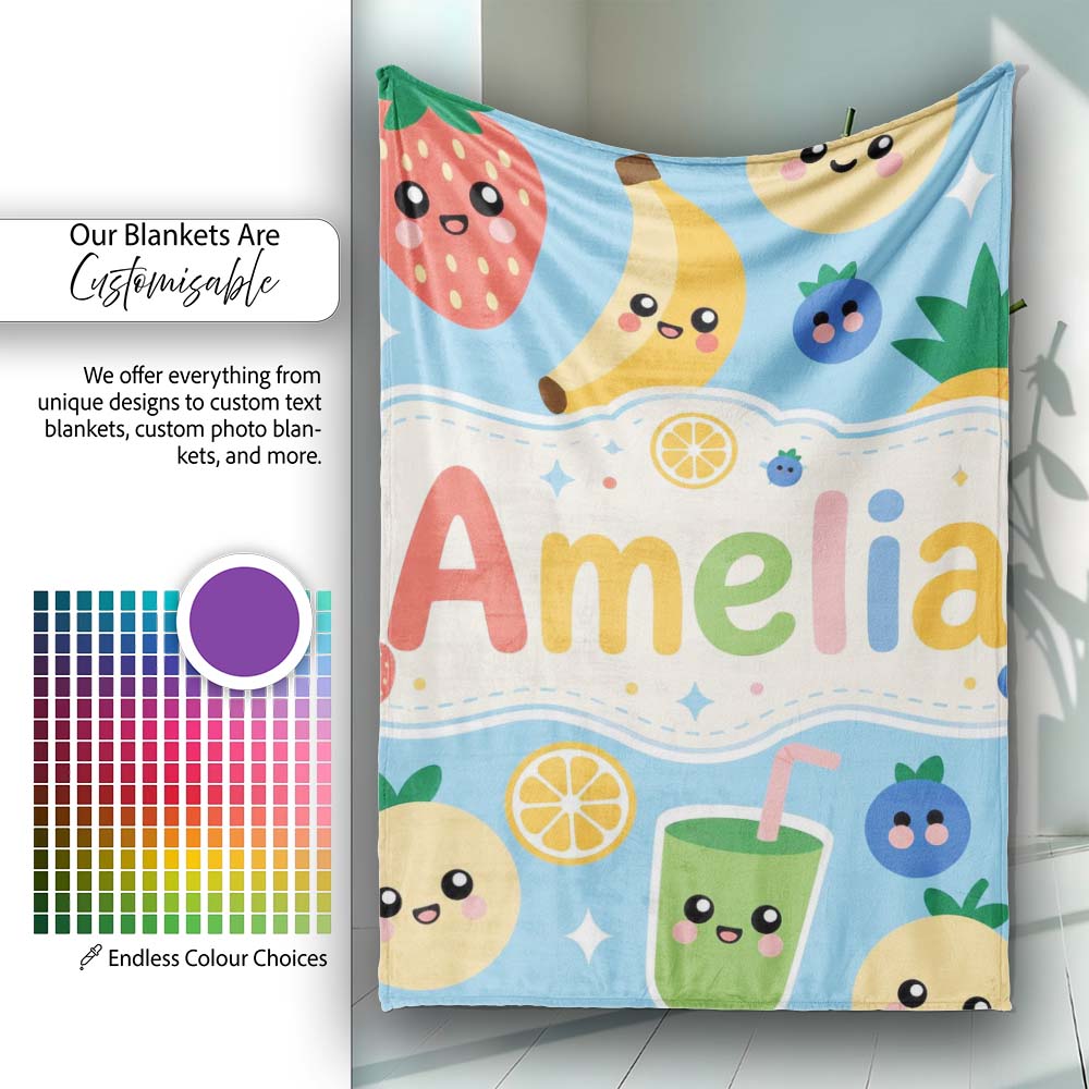 Cute Kawaii Fruits Smoothie Banana Strawberry Pineapple Seamless Personalised Custom Name Super Soft Fleece Blanket Bed Sofa Throw