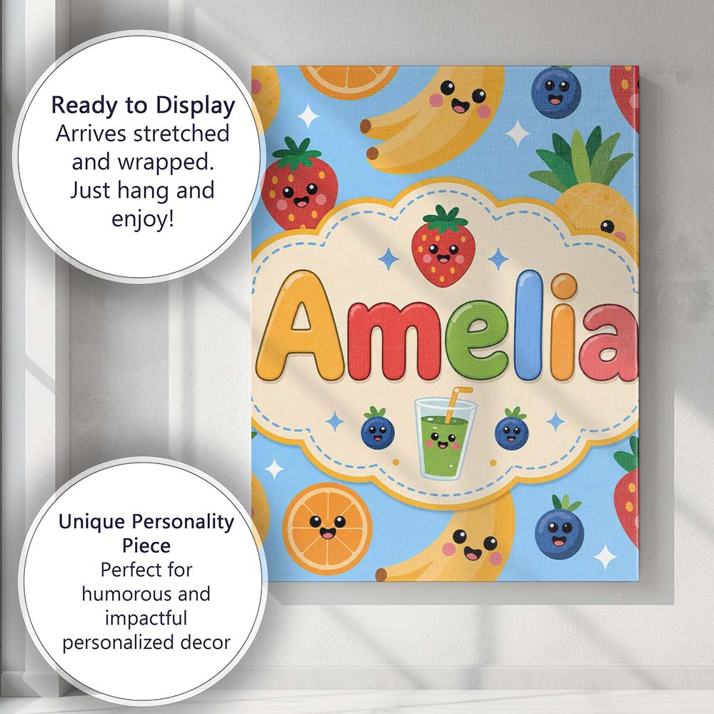 Personalised Name Cute Kawaii Fruits Juice Custom Unique Gift Idea Elegant Feature Canvas Wall Art Print Decor Picture Ready to Hang