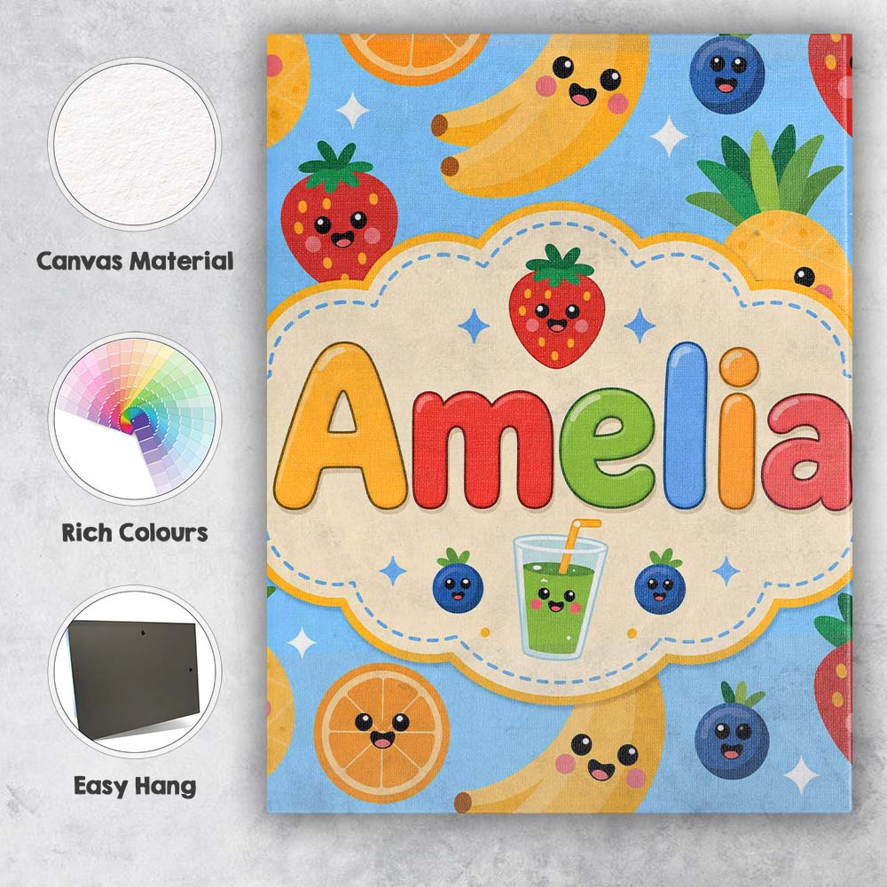 Personalised Name Cute Kawaii Fruits Juice Custom Unique Gift Idea Elegant Feature Canvas Wall Art Print Decor Picture Ready to Hang