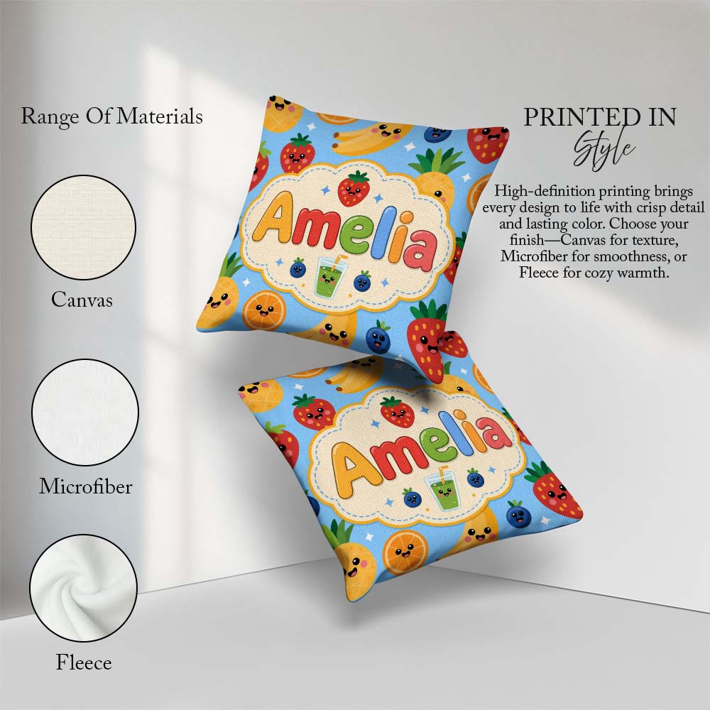 Custom Name Kawaii Fruits Juice Drink Strawberry Banana Seamless Square Filled Cushion Throw Pillow Sofa Bed Home Decor Zip Washable UK Made