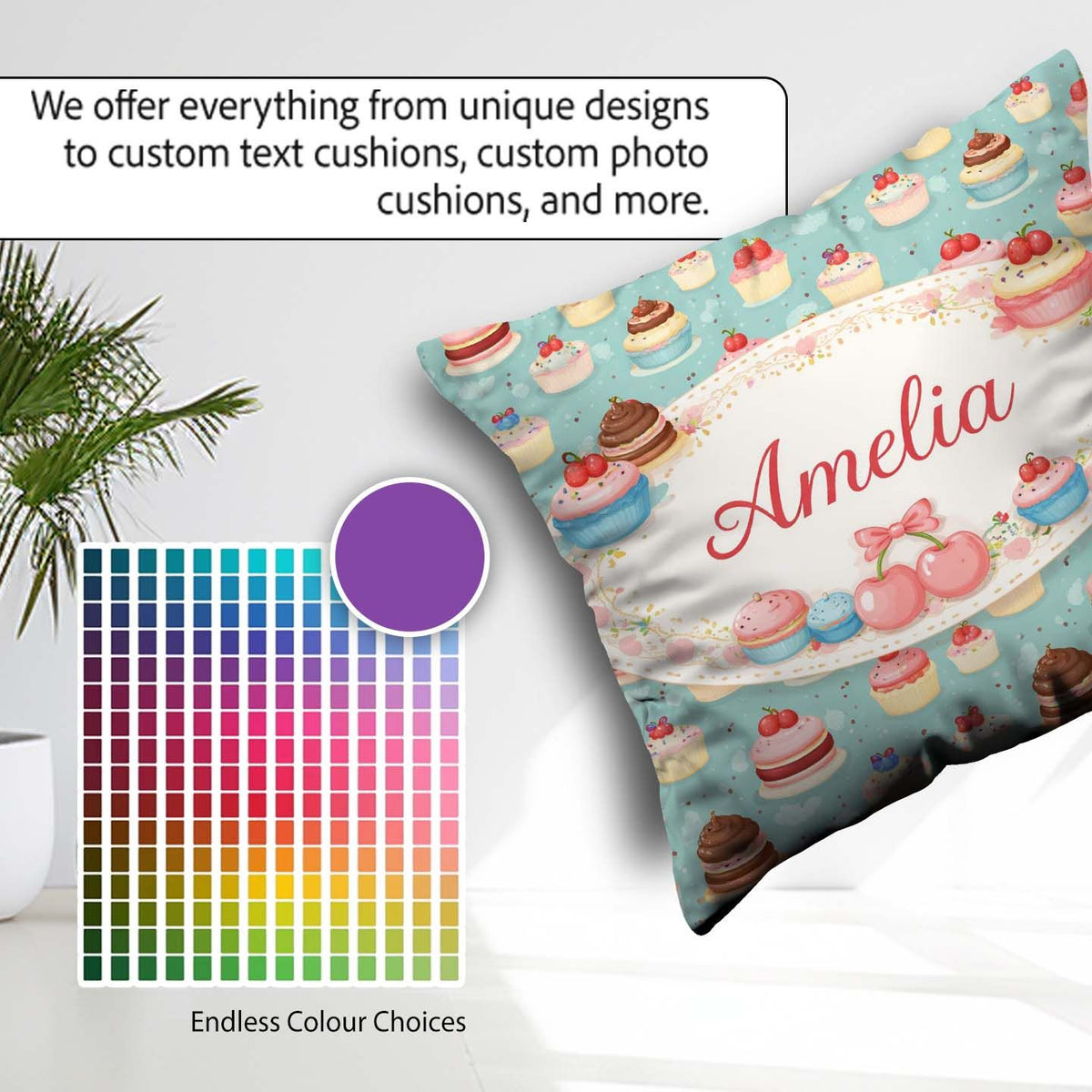 Custom Name Cake Tile Seamless Pattern Pastel Dessert Sweet Food Square Filled Cushion Throw Pillow Sofa Bed Home Decor Zip Washable UK Made