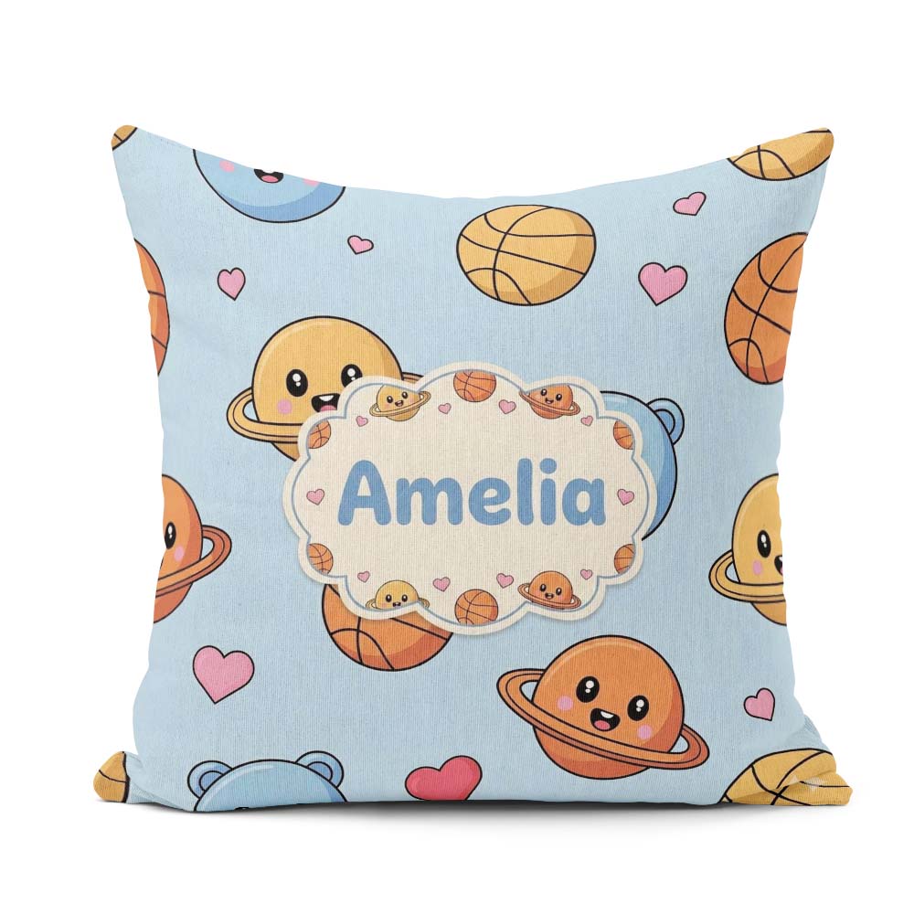 Custom Name Kawaii Planets Basketball Fun Space Seamless Pattern Square Filled Cushion Throw Pillow Sofa Bed Home Decor Zip Washable UK Made