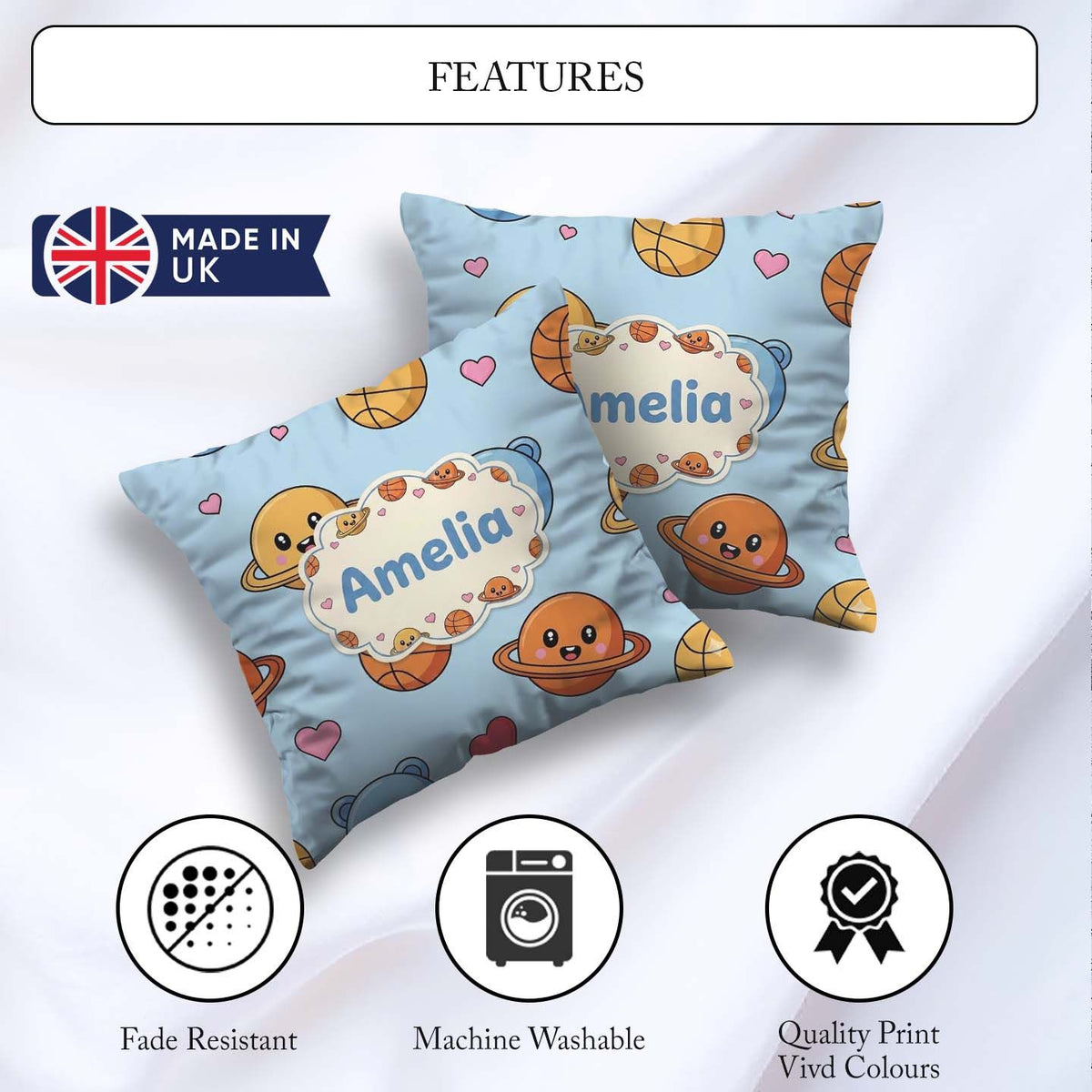 Custom Name Kawaii Planets Basketball Fun Space Seamless Pattern Square Filled Cushion Throw Pillow Sofa Bed Home Decor Zip Washable UK Made