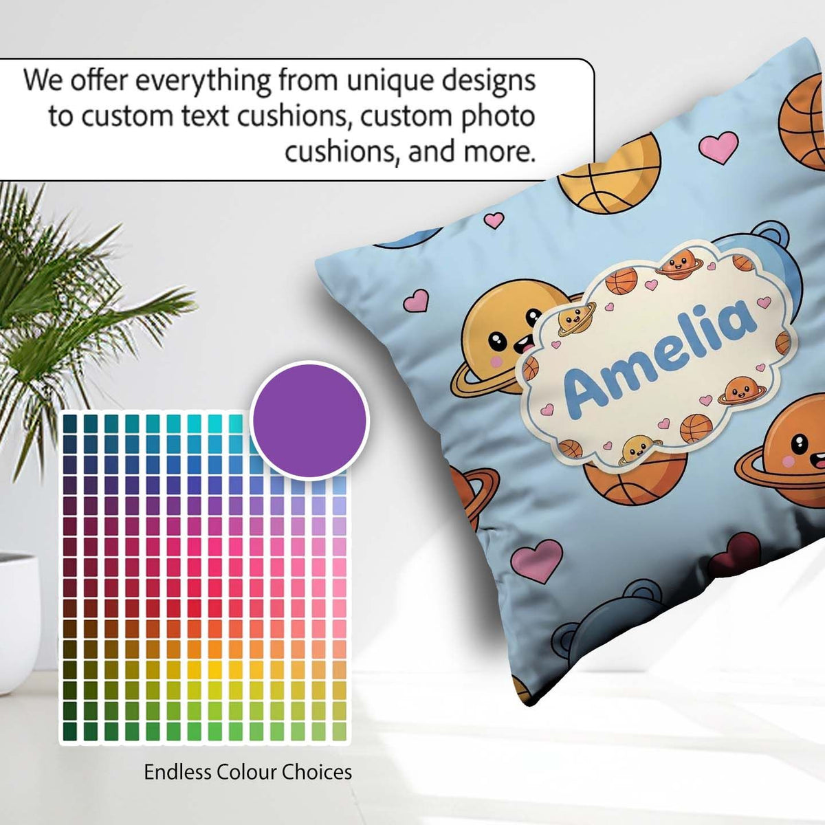 Custom Name Kawaii Planets Basketball Fun Space Seamless Pattern Square Filled Cushion Throw Pillow Sofa Bed Home Decor Zip Washable UK Made