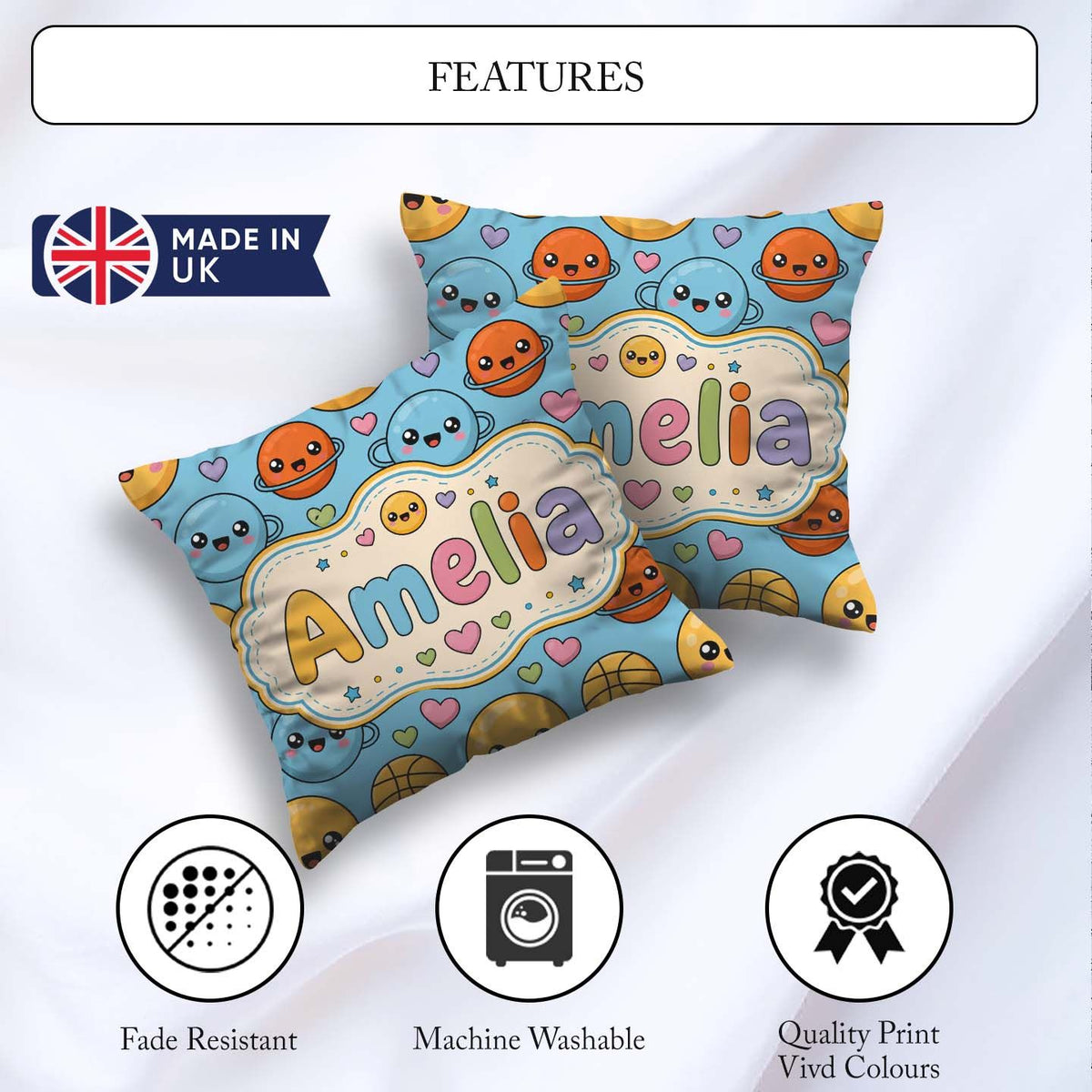 Custom Name Kawaii Planets Basketball Pattern Fun Sports Pattern Square Filled Cushion Throw Pillow Sofa Bed Home Decor Zip Washable UK Made