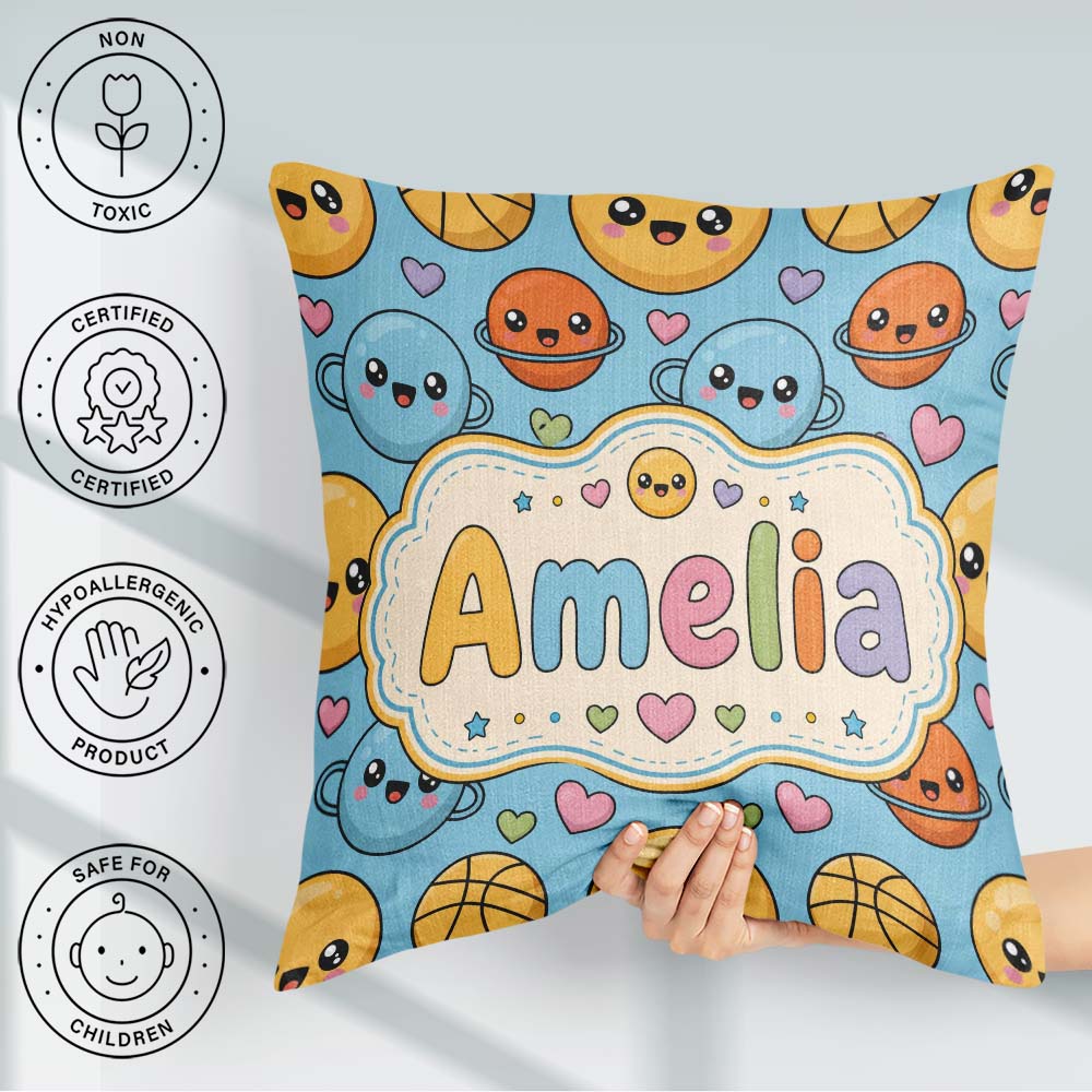 Custom Name Kawaii Planets Basketball Pattern Fun Sports Pattern Square Filled Cushion Throw Pillow Sofa Bed Home Decor Zip Washable UK Made