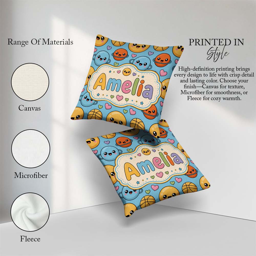 Custom Name Kawaii Planets Basketball Pattern Fun Sports Pattern Square Filled Cushion Throw Pillow Sofa Bed Home Decor Zip Washable UK Made