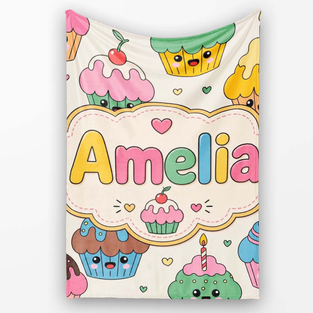 Cute Birthday Cupcakes Candles Sweet Treats Seamless Pattern Lovely Personalised Custom Name Super Soft Fleece Blanket Bed Sofa Throw