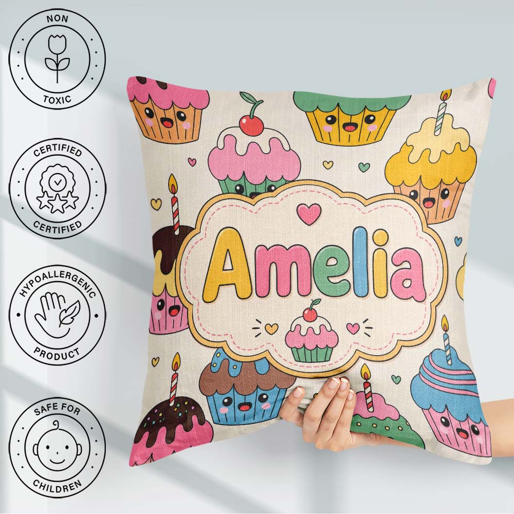 Custom Name Cute Birthday Cupcakes Candles Sweet Treats Seamless Square Filled Cushion Throw Pillow Sofa Bed Home Decor Zip Washable UK Made