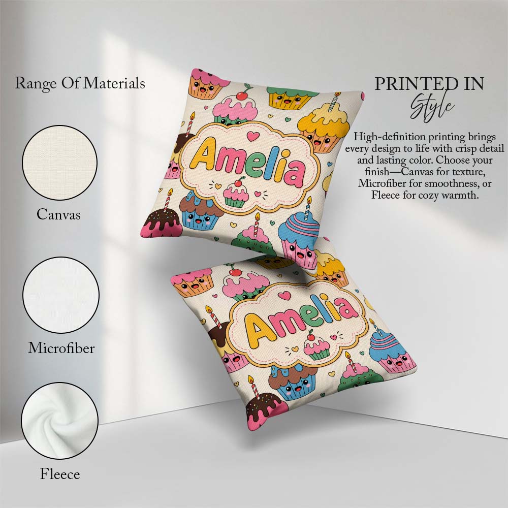 Custom Name Cute Birthday Cupcakes Candles Sweet Treats Seamless Square Filled Cushion Throw Pillow Sofa Bed Home Decor Zip Washable UK Made