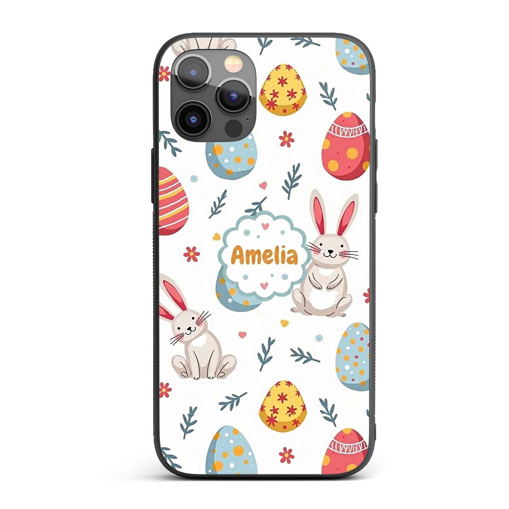 Cute Easter Bunnies Eggs Spring Floral Seamless Custom Name Protective Phone Case Mobile Cover Durable Everyday Smartphone Shock Resistant