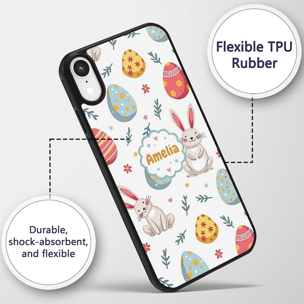 Cute Easter Bunnies Eggs Spring Floral Seamless Custom Name Protective Phone Case Mobile Cover Durable Everyday Smartphone Shock Resistant