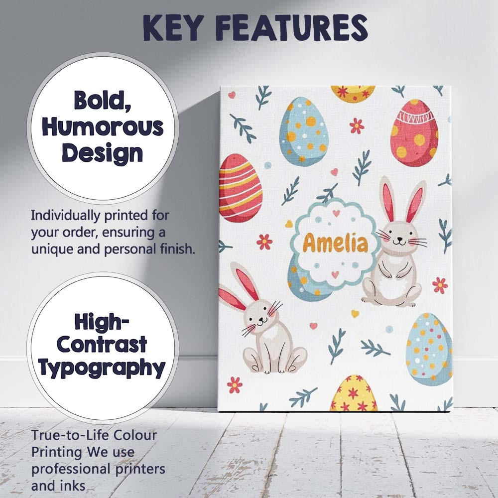 Personalised Name Cute Easter Bunnies Eggs Custom Unique Gift Idea Elegant Feature Canvas Wall Art Print Decor Picture Ready to Hang