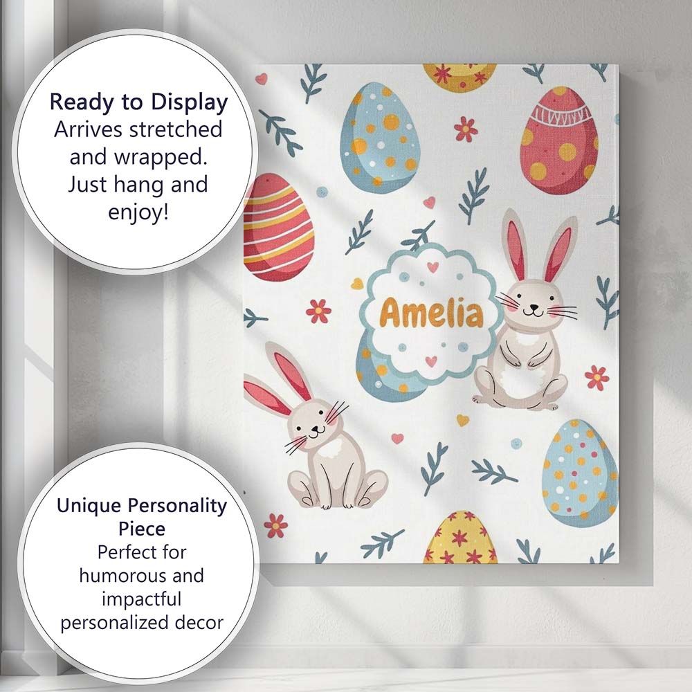 Personalised Name Cute Easter Bunnies Eggs Custom Unique Gift Idea Elegant Feature Canvas Wall Art Print Decor Picture Ready to Hang