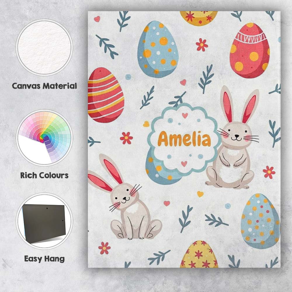 Personalised Name Cute Easter Bunnies Eggs Custom Unique Gift Idea Elegant Feature Canvas Wall Art Print Decor Picture Ready to Hang