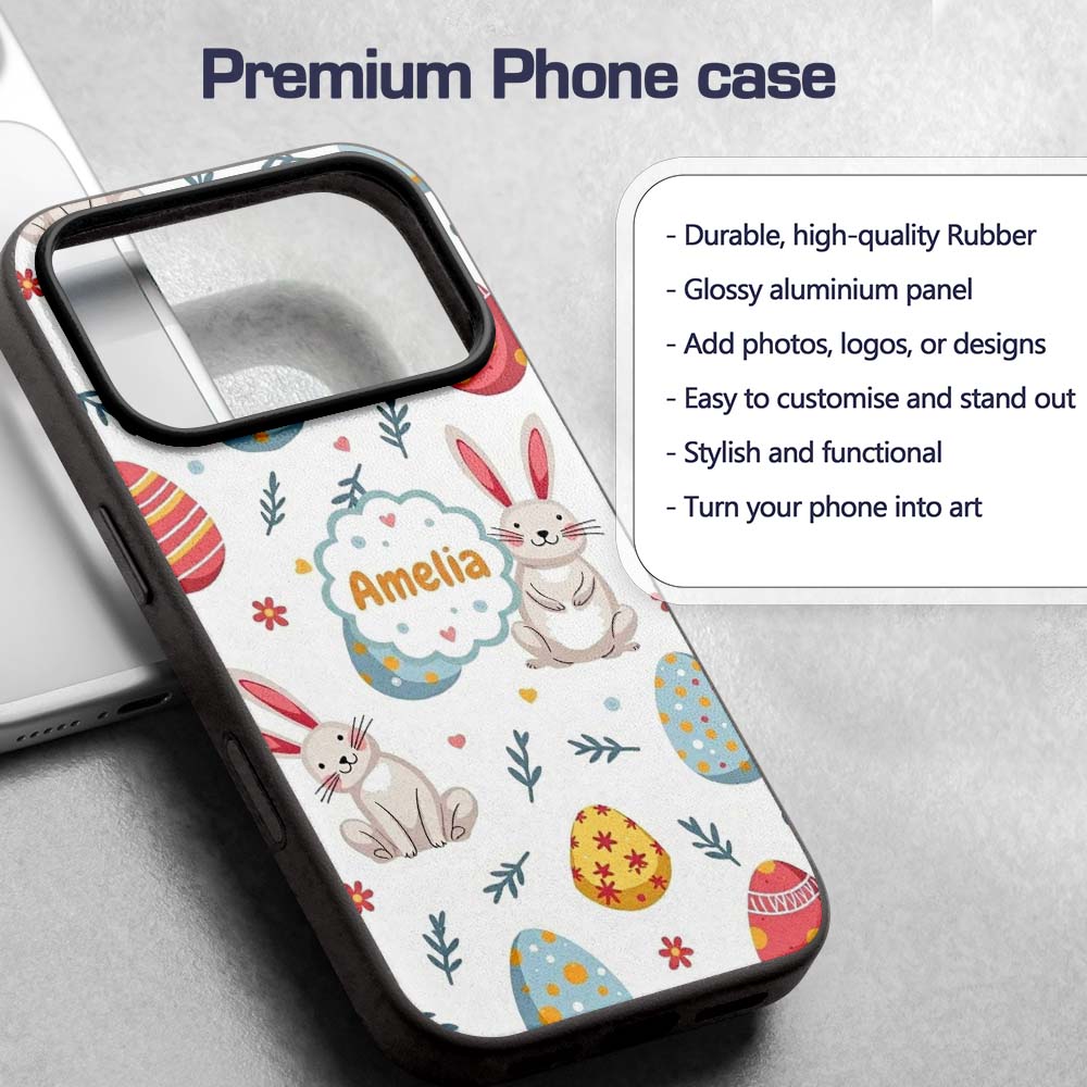 Cute Easter Bunnies Eggs Spring Floral Seamless Custom Name Protective Phone Case Mobile Cover Durable Everyday Smartphone Shock Resistant