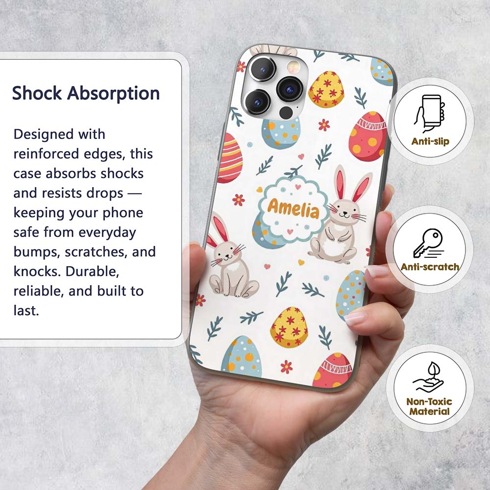 Cute Easter Bunnies Eggs Spring Floral Seamless Custom Name Protective Phone Case Mobile Cover Durable Everyday Smartphone Shock Resistant