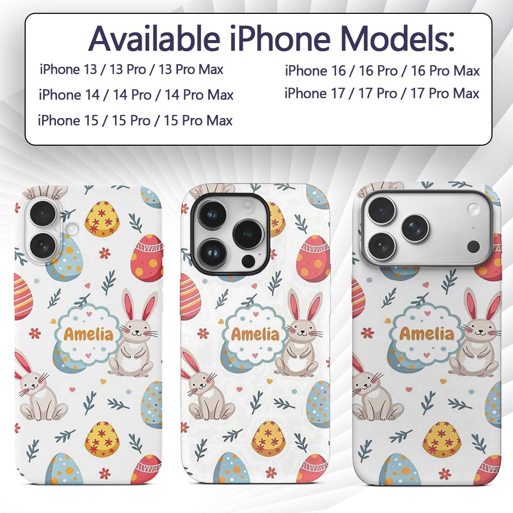 Cute Easter Bunnies Eggs Spring Floral Seamless Custom Name Protective Phone Case Mobile Cover Durable Everyday Smartphone Shock Resistant