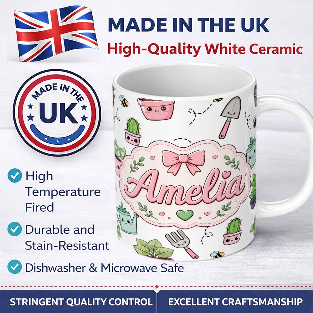 Personalized Custom Name Cute Kawaii Garden Tools Plants Bees Seamless Pattern Grey Lovely 11oz Ceramic Coffee Tea Mug White Large Handle