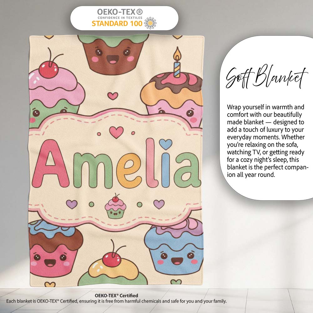 Cute Birthday Cupcakes Sweet Treat Candles Seamless Pattern Lovely Personalised Custom Name Super Soft Fleece Blanket Bed Sofa Throw