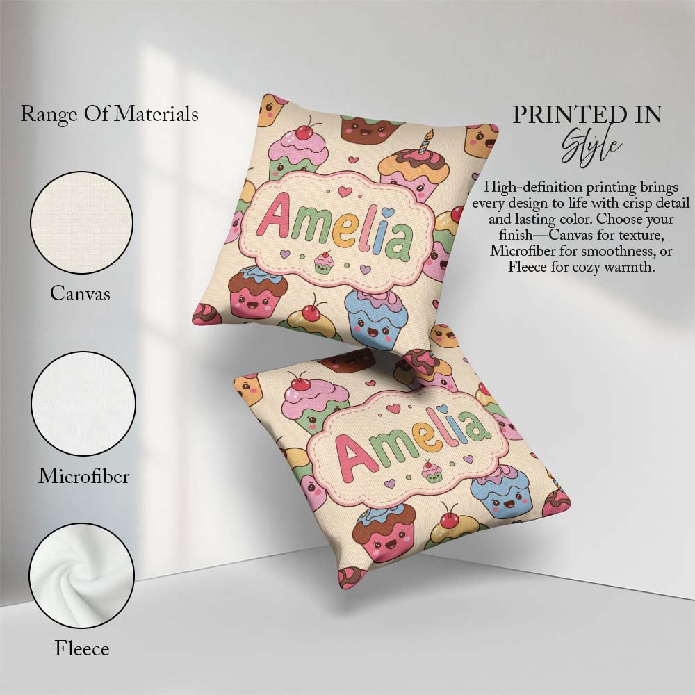 Custom Name Cute Birthday Cupcakes Sweet Treat Candles Seamless Square Filled Cushion Throw Pillow Sofa Bed Home Decor Zip Washable UK Made