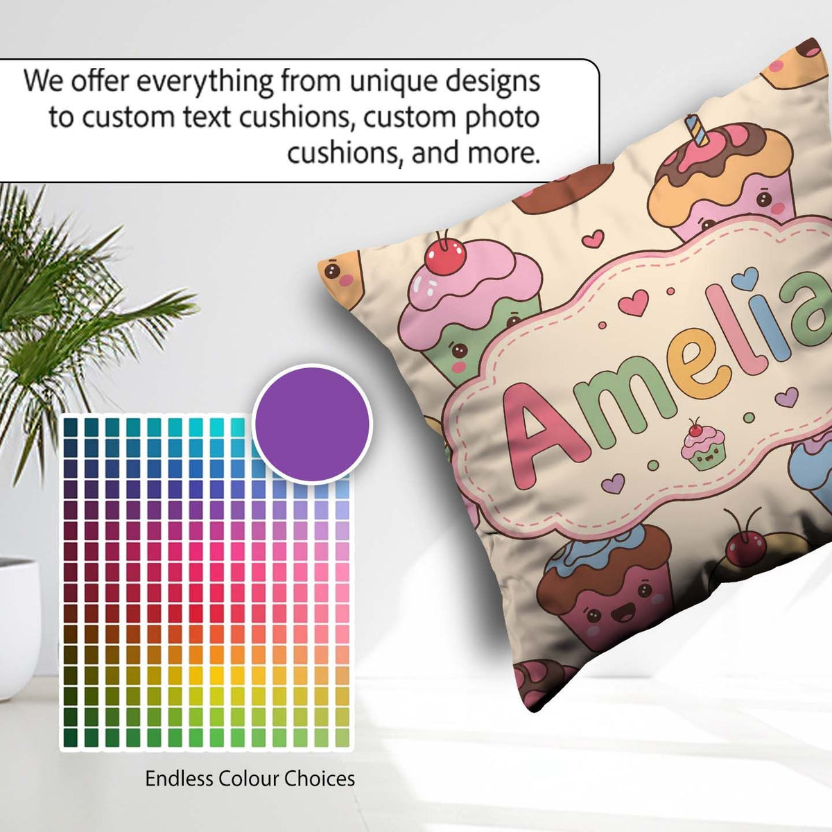 Custom Name Cute Birthday Cupcakes Sweet Treat Candles Seamless Square Filled Cushion Throw Pillow Sofa Bed Home Decor Zip Washable UK Made