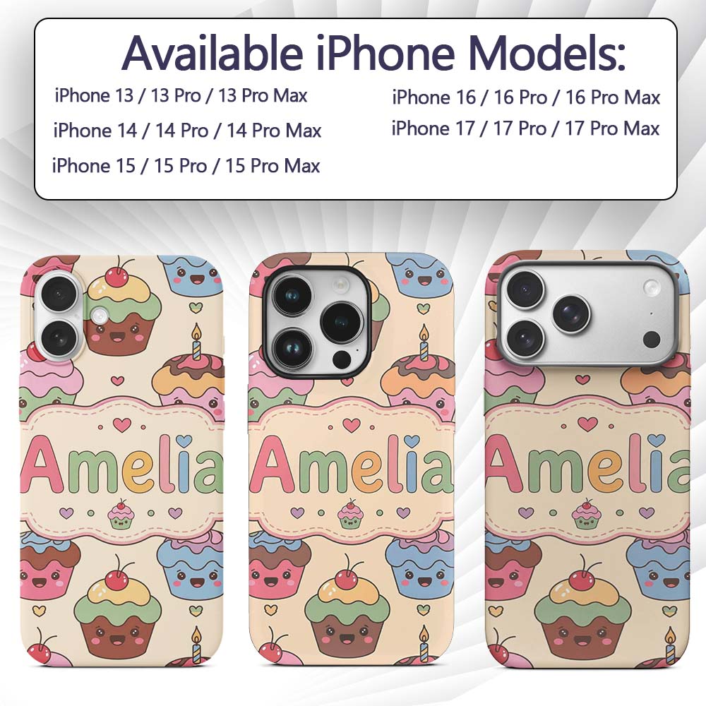 Cute Birthday Cupcakes Sweet Treat Printed Design Custom Name Protective Phone Case Mobile Cover Durable Everyday Smartphone Shock Resistant