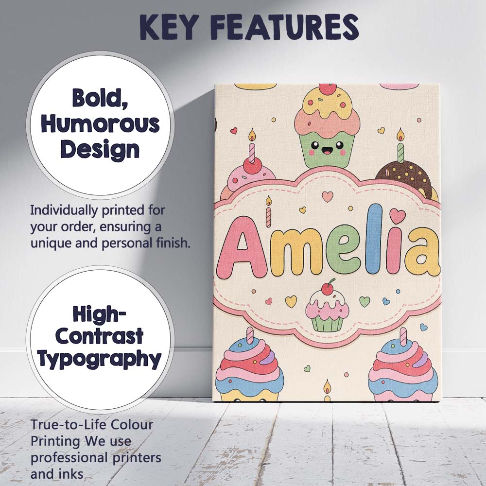 Personalised Name CuteKawaii Birthday Custom Modern Room Accent Creative Decorator Style Canvas Wall Art Print Decor Picture Ready to Hang