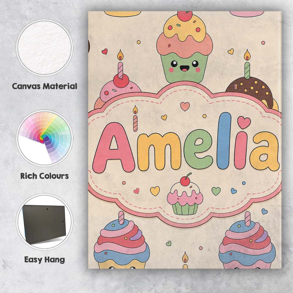 Personalised Name CuteKawaii Birthday Custom Modern Room Accent Creative Decorator Style Canvas Wall Art Print Decor Picture Ready to Hang