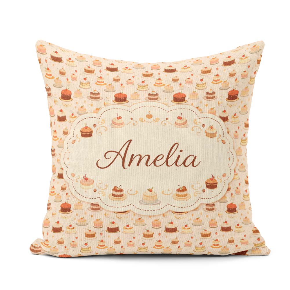 Custom Name Cake Slice Repeat Seamless Pattern Sweet Food Design Square Filled Cushion Throw Pillow Sofa Bed Home Decor Zip Washable UK Made
